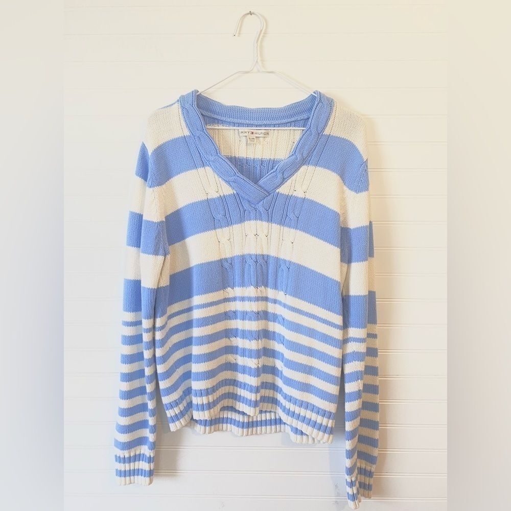 Vintage Tommy Hilfiger Striped Chunky Cable Knit Sweater 90’s Y2K XL Blue White